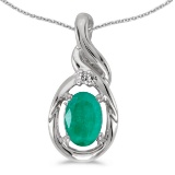 Certified 14k White Gold Oval Emerald And Diamond Pendant