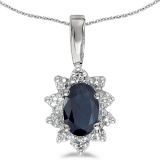 Certified 14k White Gold Oval Sapphire And Diamond Pendant