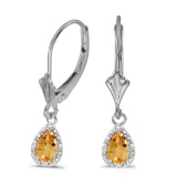 Certified 14k White Gold Pear Citrine And Diamond Leverback Earrings