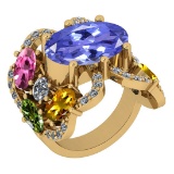 7.67 Ctw SI2/I1 Multi Sapphire,Tanzanite And Diamond 14K Yellow Gold Cocktail Style Engagement Ring