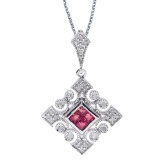 Certified 14k White Gold Ruby and .10 ct Diamond Filigree Pendant