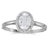 Certified 10k White Gold Oval White Topaz And Diamond Ring