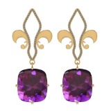 Certified 57.70 Ctw I2/I3 Amethyst And Diamond 14K Yellow Gold Dangling Earrings