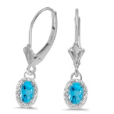 Certified 14k White Gold Oval Blue Topaz And Diamond Leverback Earrings