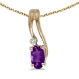 Certified 14k Yellow Gold Oval Amethyst And Diamond Wave Pendant