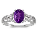 Certified 10k White Gold Oval Amethyst And Diamond Ring