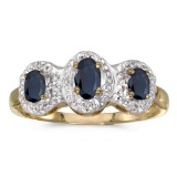 Certified 14k Yellow Gold Oval Sapphire And Diamond Three Stone Ring
