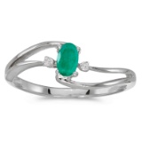 Certified 14k White Gold Oval Emerald And Diamond Wave Ring 0.17 CTW