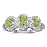 Certified 10k White Gold Oval Peridot And Diamond Three Stone Ring