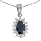 Certified 14k White Gold Oval Sapphire And Diamond Pendant