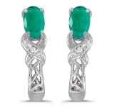 Certified 14k White Gold Oval Emerald And Diamond Earrings