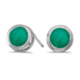 Certified 14k White Gold Round Emerald Bezel Stud Earrings