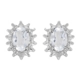 Certified 14k White Gold Oval White Topaz And Diamond Earrings 1 CTW