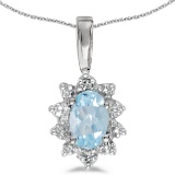 Certified 10k White Gold Oval Aquamarine And Diamond Pendant