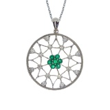 Certified 14k White Gold Emerald and Diamond Spider Web Pendant