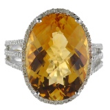 Certified 14k White Gold Large Oval Citrine And Diamond Ring 12.5 CTW