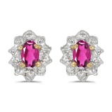 Certified 10k Yellow Gold Oval Pink Topaz And Diamond Earrings