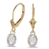 Certified 14k Yellow Gold Oval White Topaz And Diamond Leverback Earrings