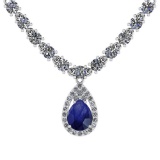 14.44 Ctw SI2/I1 Blue Sapphire And Diamond 14K White Gold Necklace