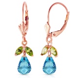 3.4 Carat 14K Solid Rose Gold Leverback Earrings Blue Topaz Peridot