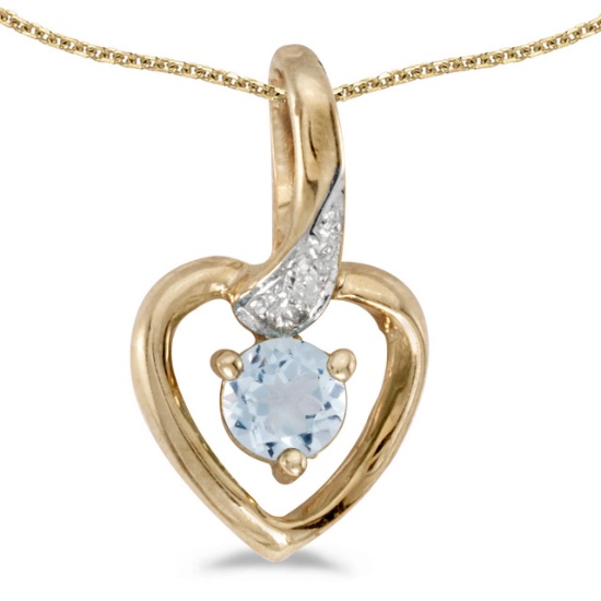 Certified 14k Yellow Gold Round Aquamarine And Diamond Heart Pendant