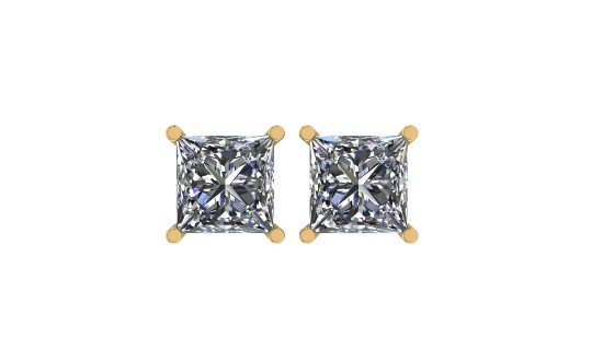 Certified 1 CTW Princess Diamond Stud Earrings D/SI2 In 14K Yellow Gold