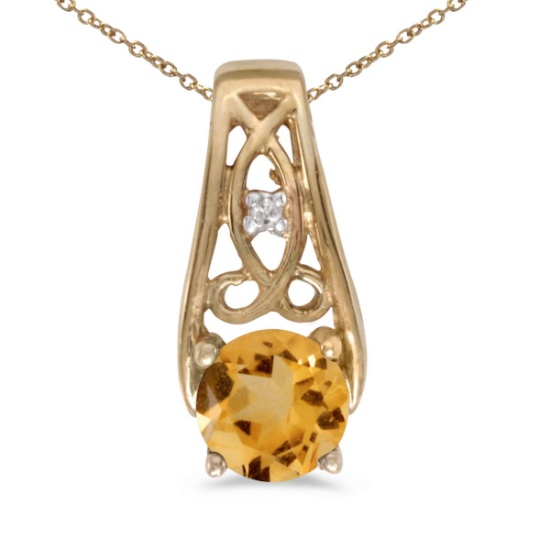 Certified 14k Yellow Gold Round Citrine And Diamond Pendant