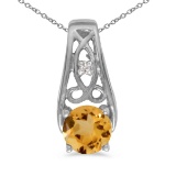 Certified 14k White Gold Round Citrine And Diamond Pendant