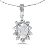 Certified 10k White Gold Oval White Topaz And Diamond Pendant