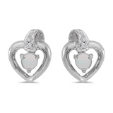 Certified 10k White Gold Round Opal And Diamond Heart Earrings 0.09 CTW