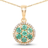 0.58 Carat Genuine Zambian Emerald and White Diamond 14K Yellow Gold Pendant