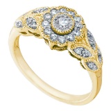 10kt Yellow Gold Womens Round Diamond Solitaire Floral Cluster Milgrain Ring 1/3 Cttw