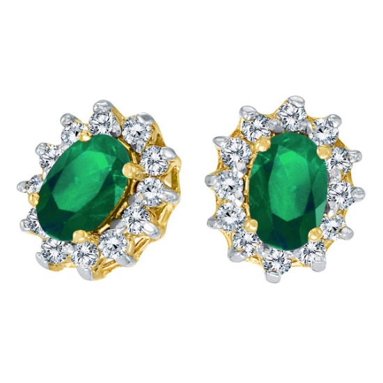 Certified 14k Yellow Gold Oval Emerald and .25 total ct Diamond Earrings