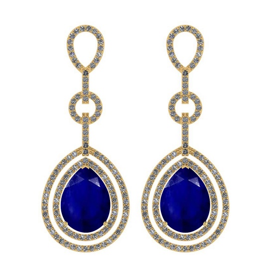 1.92 Ctw I1/I2 Blue Sapphire And Diamond Style Prong Set 14K Yellow Gold Dangling Earrings