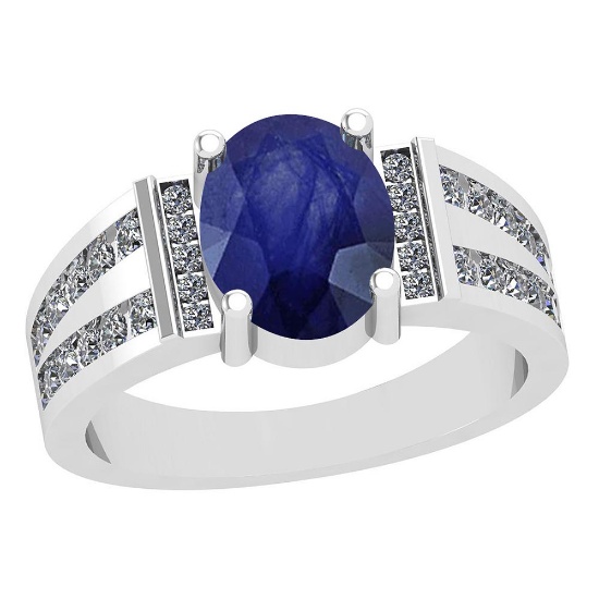 2.68 Ctw VS/SI1 Blue Sapphire And Diamond Platinum Vintage Style Ring