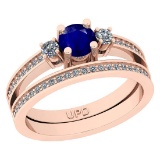 0.83 Ctw SI2/I1 Blue Sapphire And Diamond 14K Rose Gold Wedding Set Ring