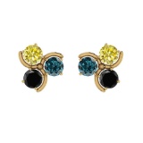 Certified 3.00 Ctw Treated Fancy Blue Yellow Black Diamond I2/I3 14k Yellow Gold Stud Earrings