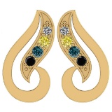 Certified 0.60 Ctw Treated Fancy Blue, Yellow, Black, White Diamond I1/I2 10K Yellow Gold Stud Earri