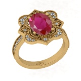 2.82 Ctw SI2/I1 Ruby And Diamond 14K Yellow Gold Vintage Style Engagement Ring