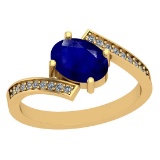 1.35 Ctw I2/I3 Blue Sapphire And Diamond Style Prong Set 14K Yellow Gold Ring