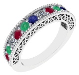 0.75 Ctw VS/SI1 Multi Ruby,Emerald,Sapphire And Diamond 14K White Gold Filigree Style Band Ring