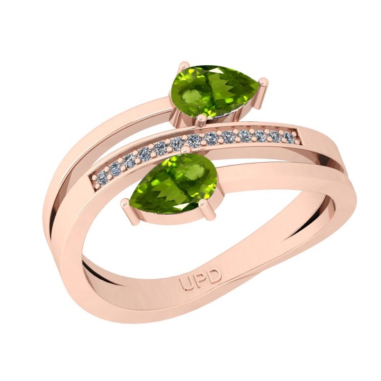 0.57 Ctw I2/I3 Peridot And Diamond 10K Rose Gold Bypass Style Ring