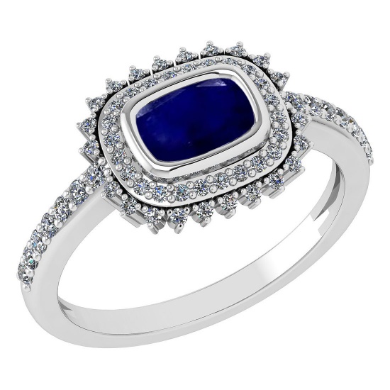 1.94 Ctw I2/I3 Blue Sapphire And Diamond 14K White Gold Halo Ring