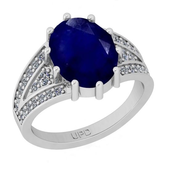5.40 Ctw I2/I3 Blue Sapphire And Diamond 14K White Gold Engagement Ring