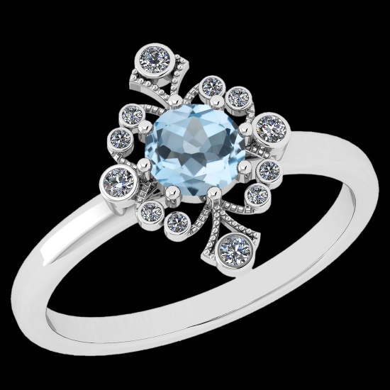 0.75 Ctw I2/I3 Blue Topaz And Diamond Set 14K White Gold Vintage Engagement Halo Ring