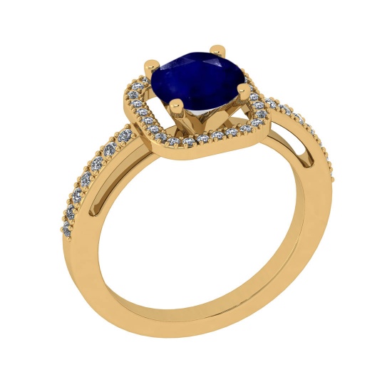 1.70 Ctw SI2/I1 Blue Sapphire And Diamond 14K Yellow Gold Engagement Halo Ring