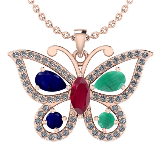 1.17 Ctw I2/I3 Multi Stone And Diamond 10K Rose Gold butterfly Necklace