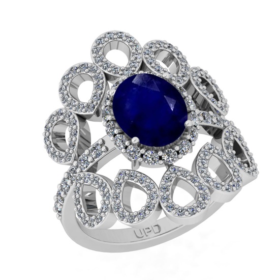 3.10 Ctw I2/I3 Blue Sapphire And Diamond 14K White Gold Engagement Ring