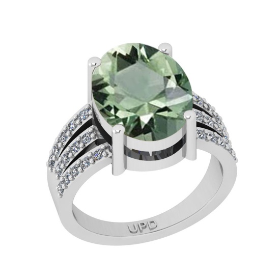5.99 Ctw I2/I3 Green Amethyst And Diamond 10K White Gold Ring