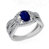 1.40 Ctw SI2/I1 Blue Sapphire And Diamond 14K White Gold Cluster Style Bridal Wedding Ring